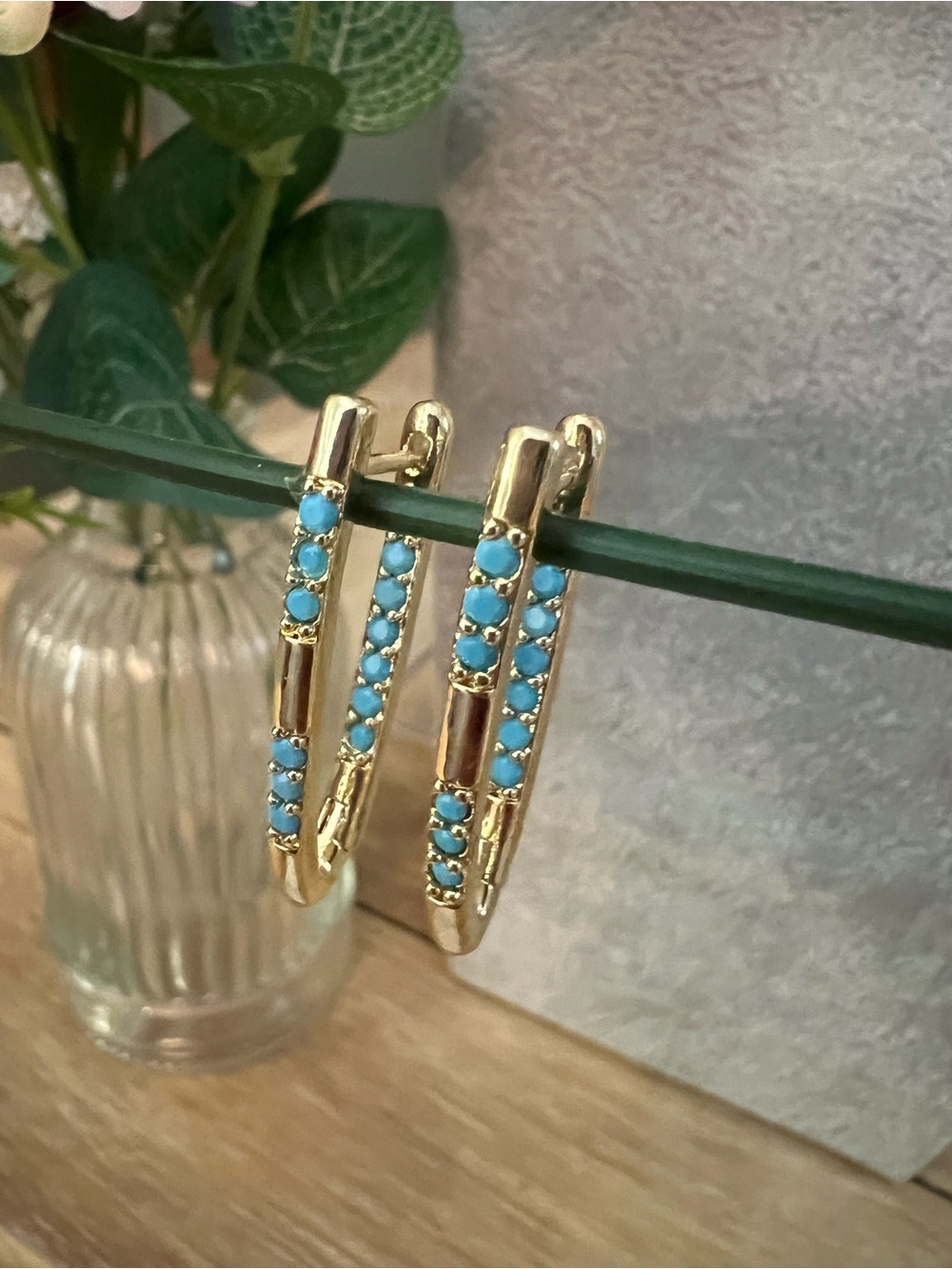 Gold Hoop Earrings with Turquoise Stones - Women Jewelry